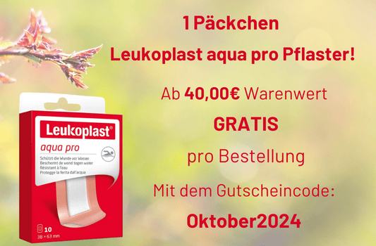 Gratisaktion Herbst 2024 - 1 Päckchen Leukoplast Pflaster zu jeder Bestellung ab 40,00€ Warenwert! - Gratisaktion Herbst 2024 - 1 Päckchen Leukoplast Pflaster zu jeder Bestellung ab 40,00€ Warenwert!