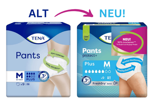 TENA Pants Plus Kleinpackung - altes und neues Verpackungsdesign