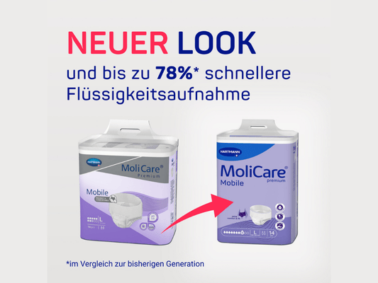 Vergleich - alte Packung - neue Packung MoliCare Premium Mobile - Claim "Bis zu 78% trockener"