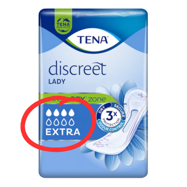 TENA Lady Discreet Extra - alte Tropfenskala auf der Verpackung