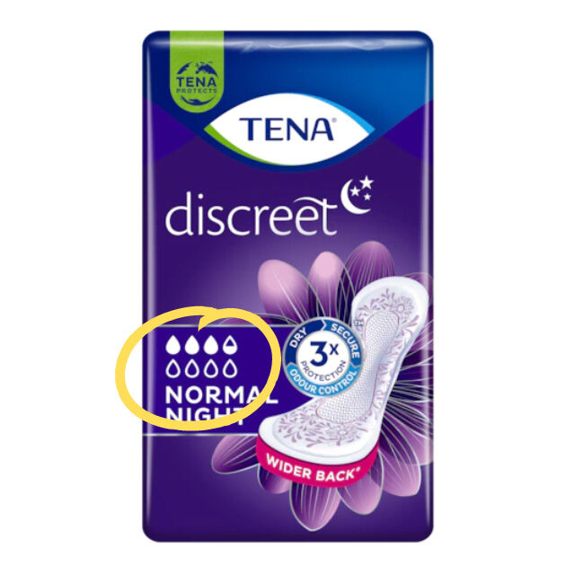 TENA Lady Discreet Normal Night - alte Tropfenskala auf der Verpackung