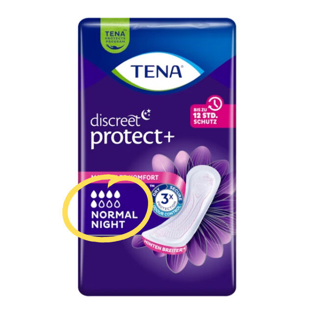 TENA Lady Discreet Normal Night - neue Tropfenskala auf der Verpackung