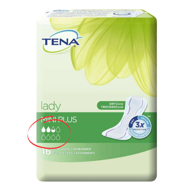 TENA Lady Mini Plus - alte Tropfenskala auf der Verpackung